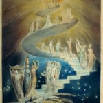Angels walking up a spiral staircase, diminishing with distance